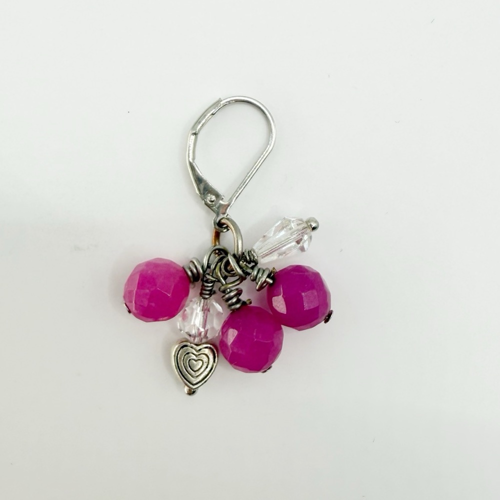 Pink Cluster Earrings w/ Heart Charm | Magenta Crystal Leverback - Picture 3 of 3